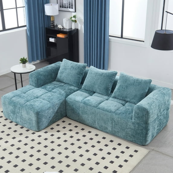 SOULART 98.42" Cloud Couch, Blue Modern Modular Sectional Sofa with Chaise Longue, Chenille Fabric, Small Side Pockets, Suitable for Living Room