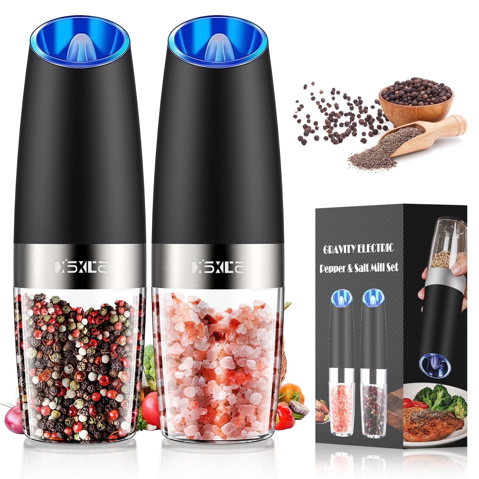 Soulfox Gravity Electric Salt and Pepper Mill Grinder Set,Stainless Steel Spice Mill Shaker, Black