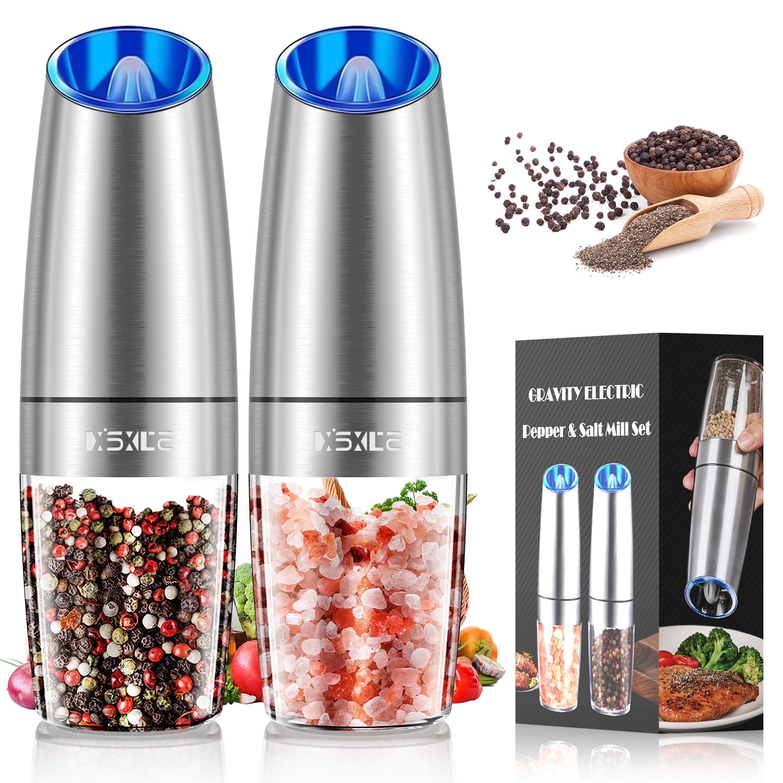 Soulfox Gravity Electric Salt and Pepper Mill Grinder Set Stainless ...