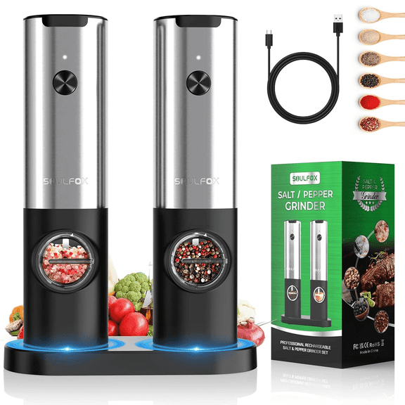 SoulFox USB Rechargeable Electric Automatic Adjustable Stainless Steel Salt and Pepper Grinder Set