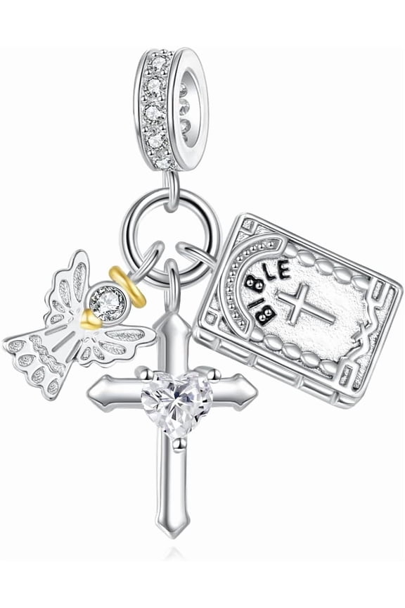 925 Sterling Silver Bible Cross Charm for Women, Angel Dangle Charms for Bracelets and Necklaces Beads Jewelry Gifts for Mother's Day Christmas Birthday