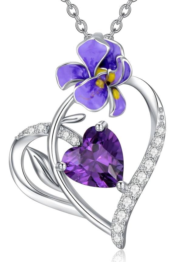 925 Sterling Silver Birth Flower Necklace Dainty Birth Month Flower Pendant Necklace for Women Floral Heart Pendant Birthday Christmas Jewelry Gifts for Mother Friends Her -Violet-2