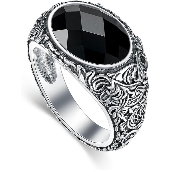 SOULMEET 925 Sterling Silver Black Onyx Ring for Men Women Faceted Cut with Vintage Pattern Mens Silver Ring Black Onyx Rings for Women Sizes 7 to 12