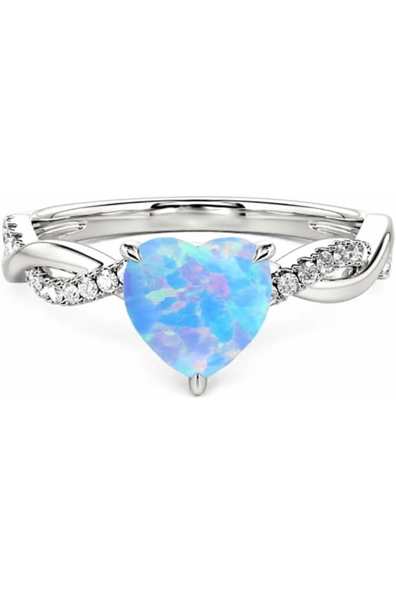 925 Sterling Silver Blue Opal Ring Heart Opal Engagement Rings for Women Opal Promise Ring Opal Gemstone Oval Sunburst Halo Ring for Women Birthstone Anniversary Ring Size 5 to 9