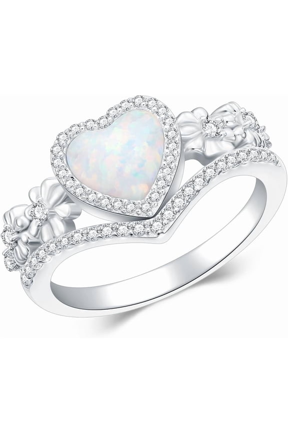 925 Sterling Silver Daisy Heart-Shaped Opal Ring with Cubic Zirconia,Flower Stacking Statement Wedding Band Ring for Women Jewelry Gifts for Her(Size 5-10)