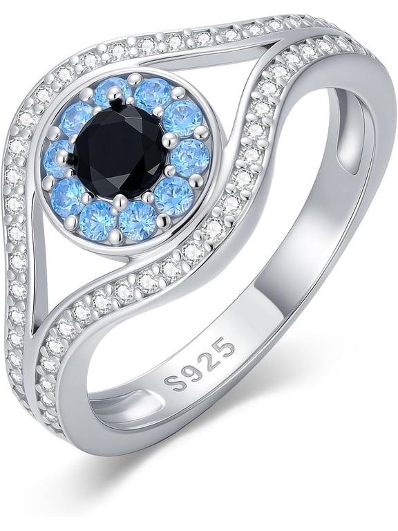 925 Sterling Silver Evil Eye Ring for Women 5A Cubic Zirconia Blue Round Evil Eye Protection Ring (3.5-12)
