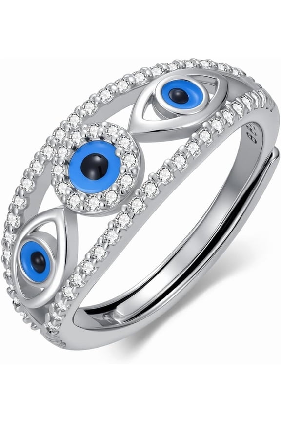 925 Sterling Silver Evil Eyes Ring Vintage Turkish Enamel Blue Eye Stackable Adjustable Ring for Women Birthday Gifts