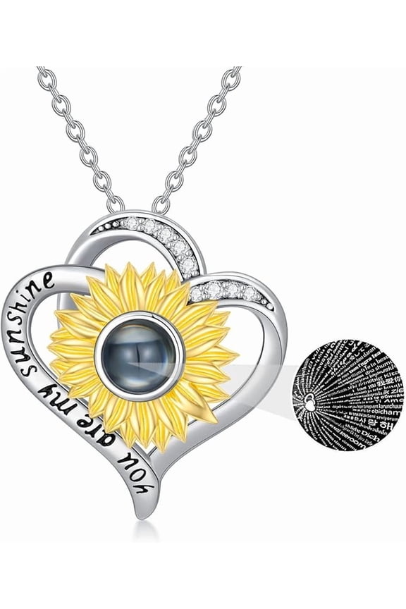 925 Sterling Silver I Love You 100 Languages Necklace I Love You Forever Infinity Heart Mom Sunflower Projection Pendant Necklace for Women Mother's Day Gift