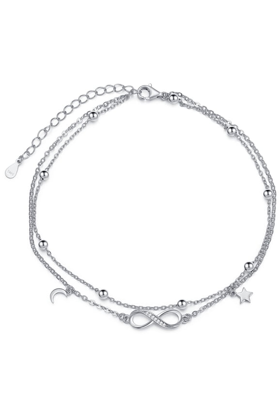 Sterling Silver Infinity Anklets, Moon and Star, 9 in, Gift Box