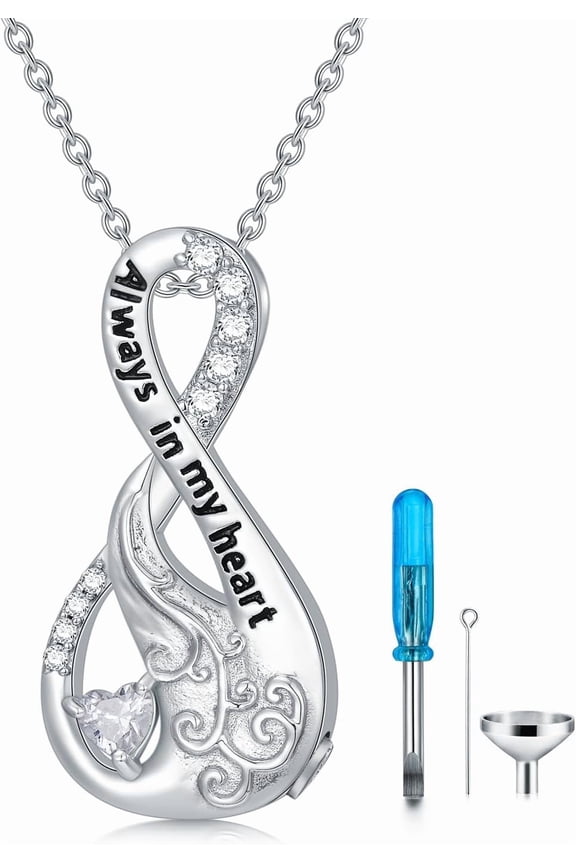 925 Sterling Silver Infinity Urn Necklace for Ashes, Always in My Heart Heart Birthstone Locket Memorial Necklaces Keepsake Cremation Jewelry for A Loss of Loved Ones, 18"+2"