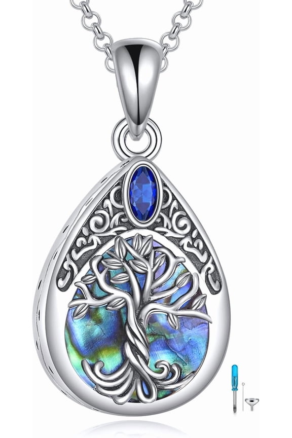 925 Sterling Silver Tree of Life Urn Necklace for Ashes, Teardrop Keepsake Cremation Pendant with Funnel Filler for Women Dainty Memorial Jewelry Gifts for Her Mom Grandma Sister 18+2"