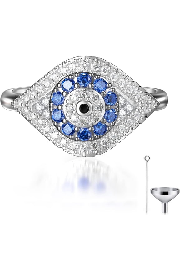925 Sterling Silver Turkish Evil Eye Rings, Evil Eye Urn Ring for Ashes Memorial Ash Pendant Keepsake Jewelry for Women Mom