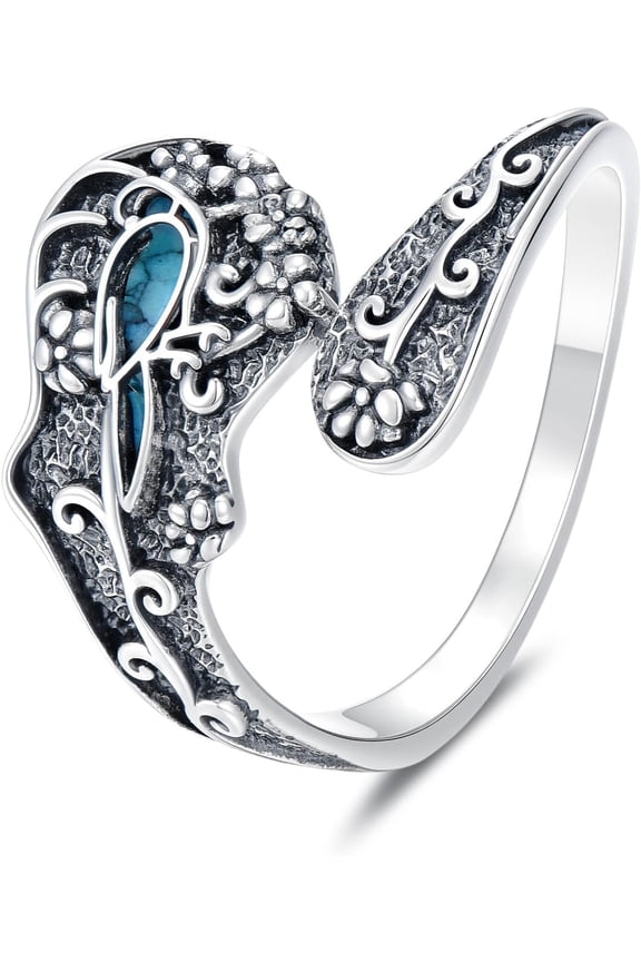 925 Sterling Silver Turquoise Exquisite Oxidized Animal Spoon Ring Boho Style Adjustable Rings Jewelry Gifts for Women Mother