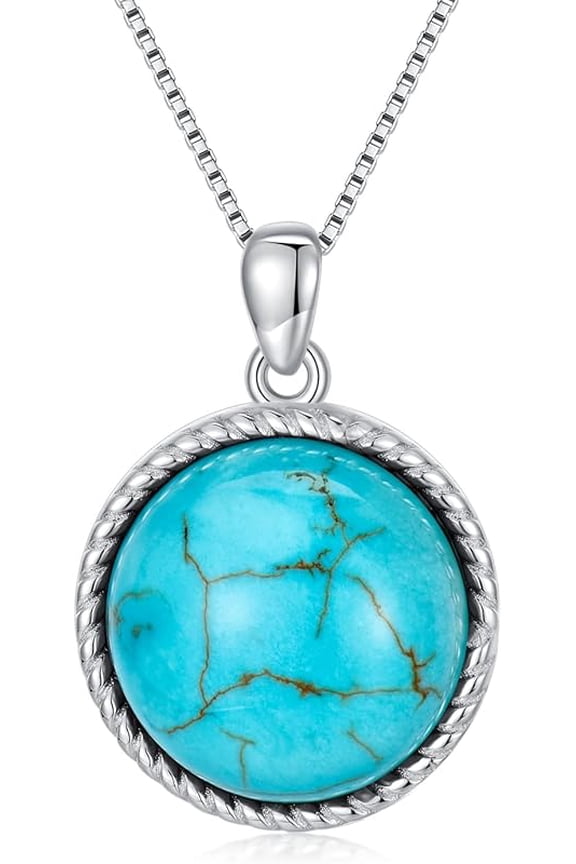 925 Sterling Silver Turquoise Pendant Necklace, Genuine Round December Birthstone Necklace Vintage Jewelry Gift for Women