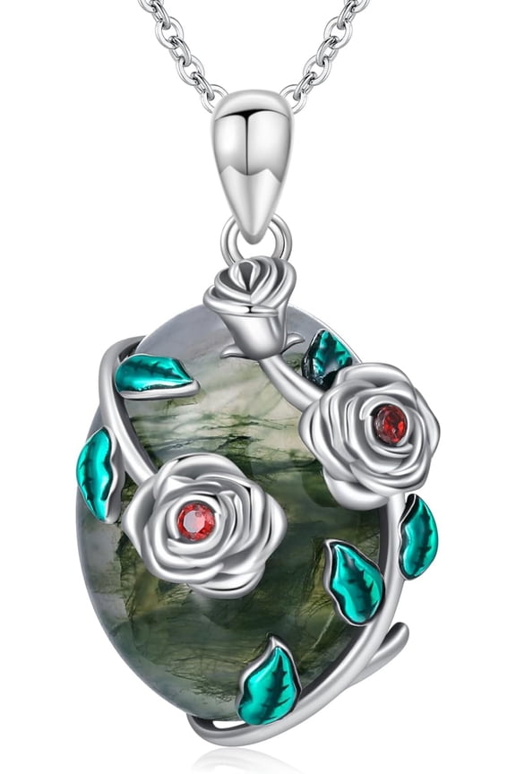 Birth Flower Moss Agate Necklace for Women Rose 925 Sterling Silver Necklace Oval Gemstone Pendant Jewelry for Her