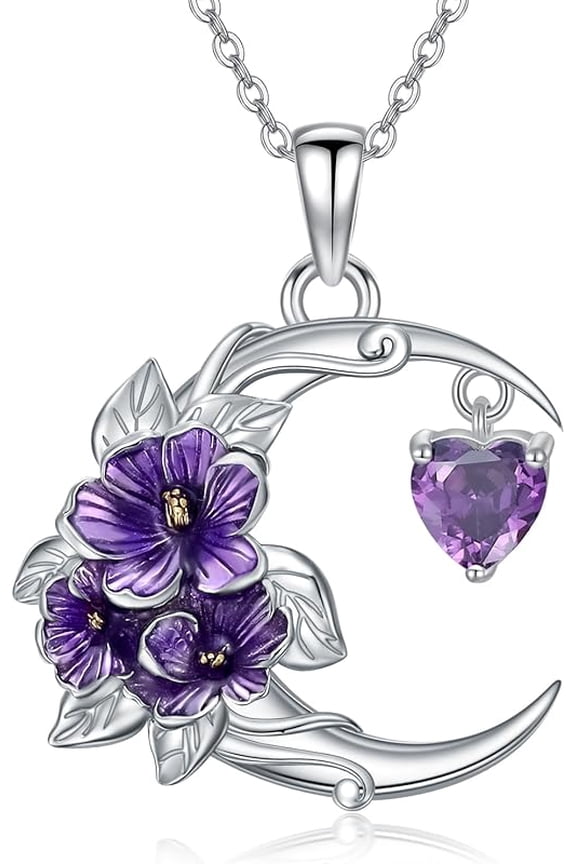 Birth Flower Necklace for Women 925 Sterling Silver Crescent Moon with Birthstone 12 Month Floral Pendant Necklace Jewelry Gift for Birthday Mothers Day