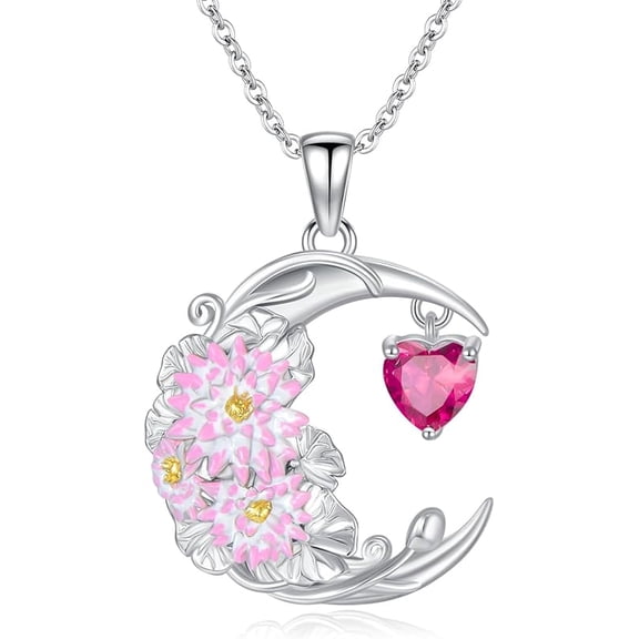 SOULMEET Birth Flower Necklace for Women 925 Sterling Silver Crescent Moon with Birthstone 12 Month Floral Pendant Necklace Jewelry Gift for Birthday Mothers Day