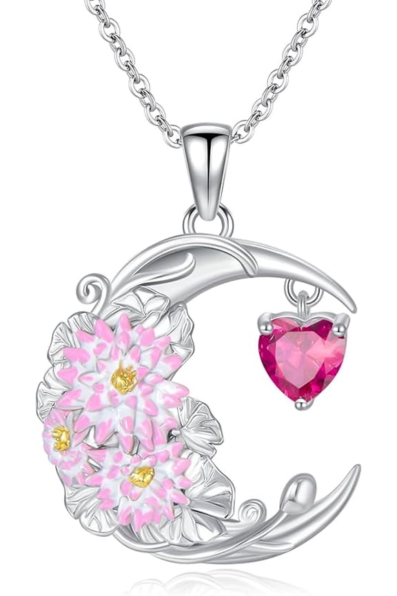 Birth Flower Necklace for Women 925 Sterling Silver Crescent Moon with Birthstone 12 Month Floral Pendant Necklace Jewelry Gift for Birthday Mothers Day