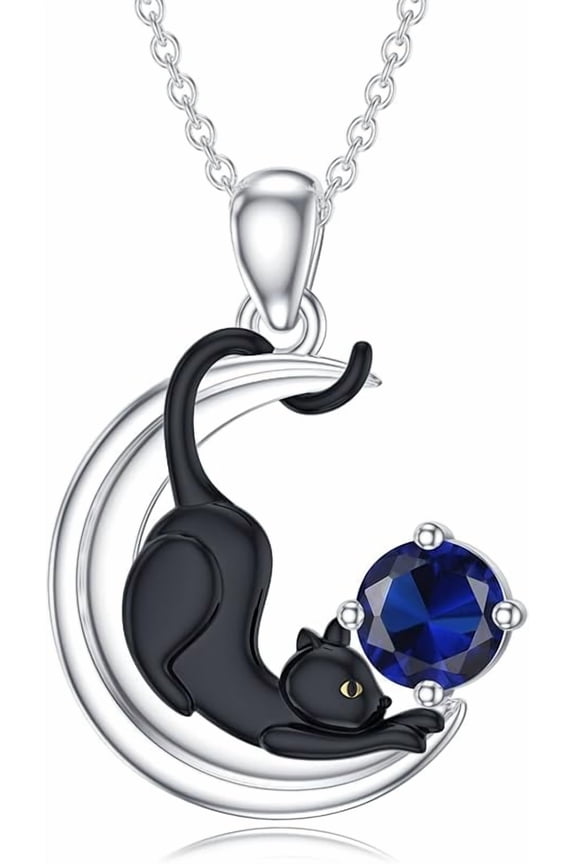 Black Cat Birthstone Necklace Cat on Moon Pendant Necklace Jewelry Gift for Women