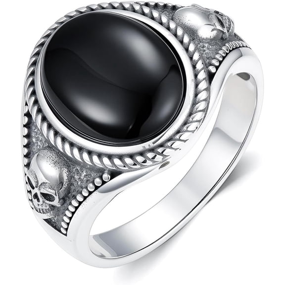 SOULMEET Black Onyx Skull Rings for Men 925 Sterling Silver Gothic Vintage Oval Black Onyx Gemstone Skull Ring Jewelry Gifts for Father