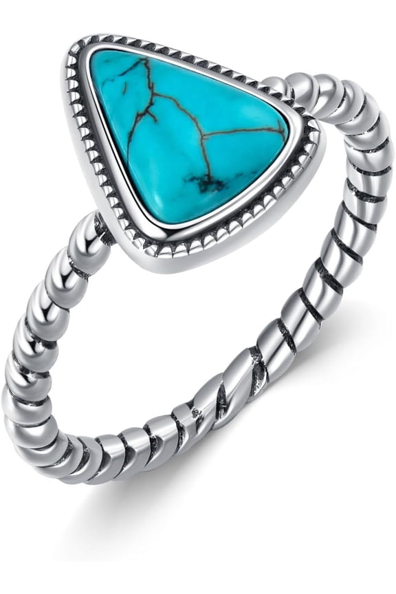 Boho Turquoise Stone Ring for Women 925 Sterling Silver Oxidized Triangle Western Ring Gift for Her Wife Mom