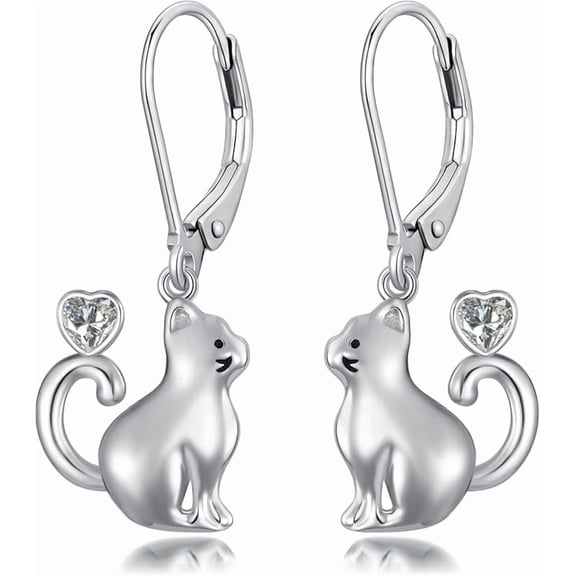 SOULMEET Cat Earrings for Women 925 Sterling Silver Cute Cat with Red Heart Dangle Earrings