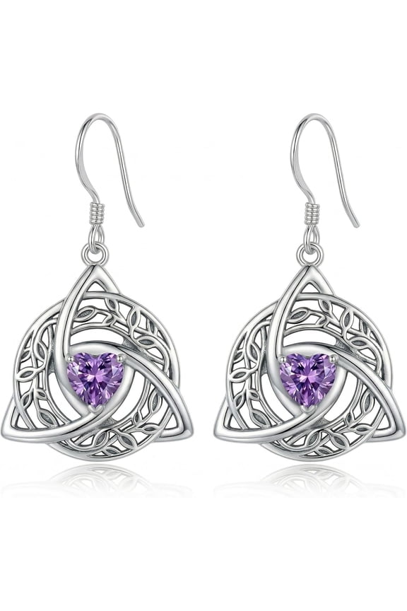 Celtic Knot Earrings 925 Sterling Silver Vintage Irish Celtic Witch Knot with Heart Cut Natural Amethyst Dangle Earrings for Women