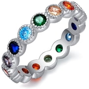 SOULMEET Chakra Ring 925 Sterling Silver Round 7 Colorful Cubic Zirconia Chakra Rainbow Ring for Women