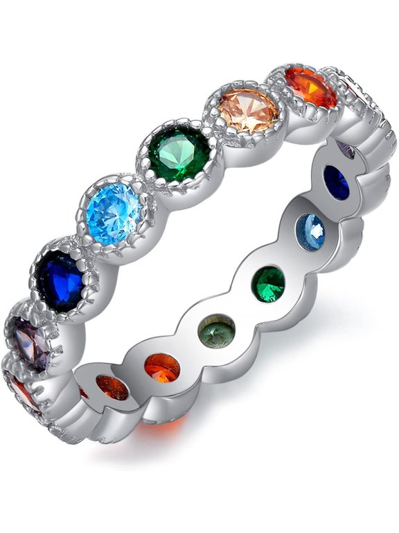 Chakra Ring 925 Sterling Silver Round 7 Colorful Cubic Zirconia Chakra Rainbow Ring for Women