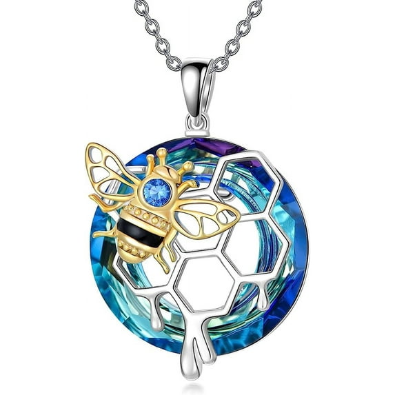 SOULMEET Christmas Gifts Bee Necklace 925 Sterling Silver Bee Honeycomb Necklace with Blue Crystal Jewelry Gift for Women Sister