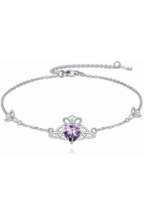 Claddagh Birthstone Link Bracelet 925 Sterling Silver Celtic Knot Claddagh with Heart Cut Gemstone Adjustable Bracelet for Women