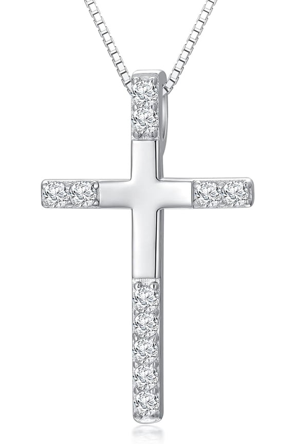 Cross Necklace for Women, 925 Sterling Silver Crucifix Cross Pendant with 5A Cubic Zirconia Blessed Religious Jewelry Baptism Gift 20" Adjustable Silver Chain