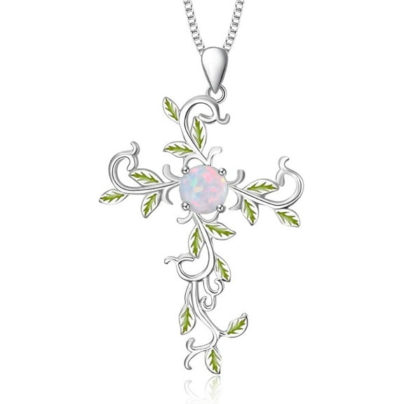 SOULMEET Cross Pendant Necklace Gift for Women, Silver Simulated Opal White Gold Plated Leaf Necklace for Love God We Trust
