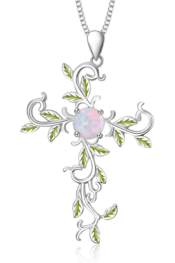 SOULMEET Cross Pendant Necklace Gift for Women, Silver Simulated Opal White Gold Plated Leaf Necklace for Love God We Trust