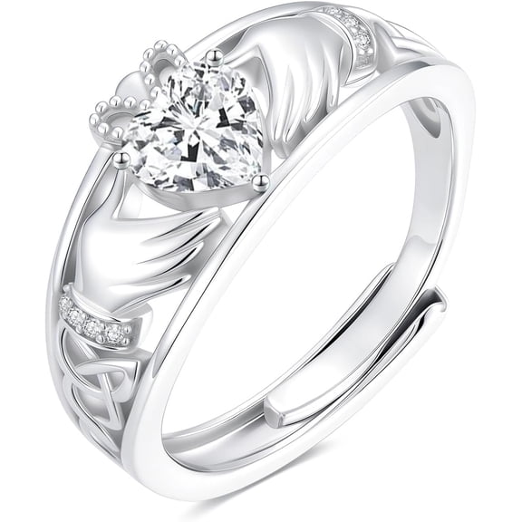 SOULMEET Diamond and Gemstone Claddagh Ring for Women 925 Sterling Silver Celtic Knot Heart Birthstone Rings Irish Engagement Wedding Promise Band, Adjustable Size 7