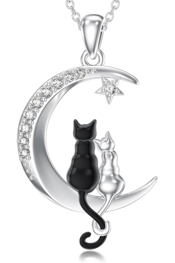 Diamond Moon Cat Necklace for Women 925 Sterling Silver Two Cat on Moon and star Pendant Necklace Diamond Jewelry Gifts for Mom Wife Her