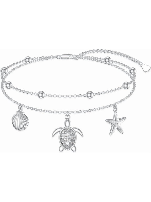 Diamond Turtle Anklet for Women 925 Sterling Silver Layered Sea Turtle Shell Starfish Foot Bracelet with Lab Grown Diamonds Beach Summer Jewelry Gifts for Women