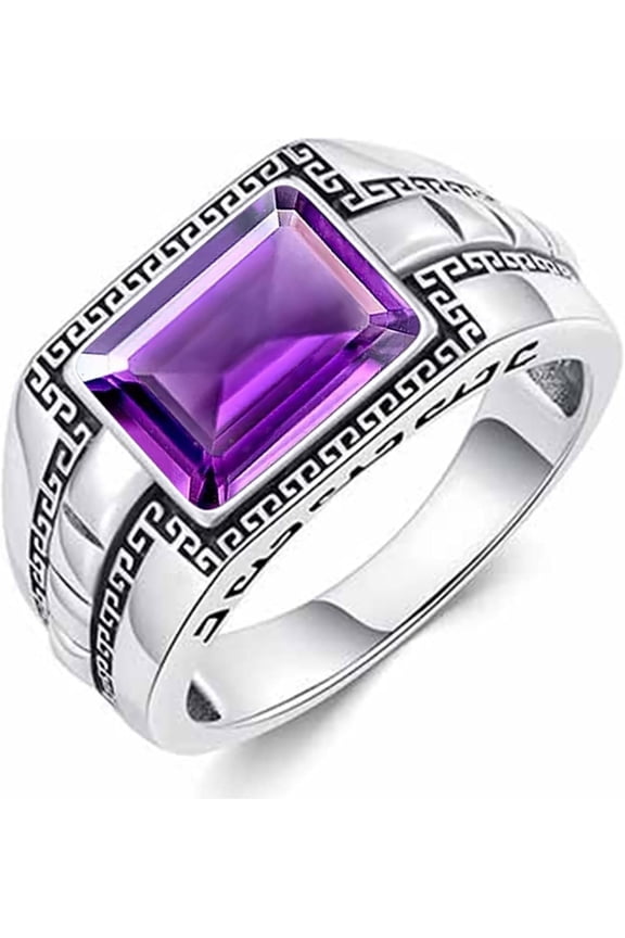 Genuine Amethyst Signet Ring for Men 925 Sterling Silver Square Real Amethyst Vintage Pinky Statement Rings for Husband Personalized