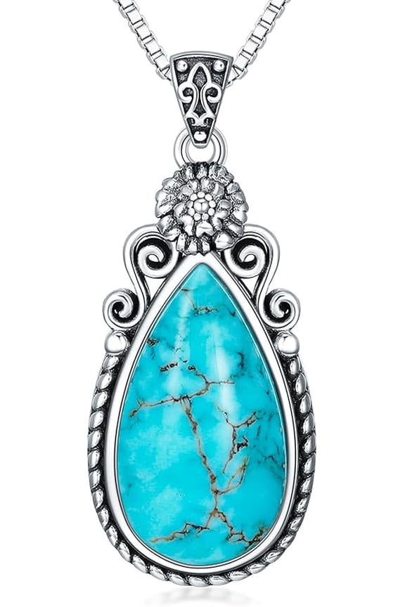 Genuine Turquoise Birth Flower Pendant Necklace, Sterling Silver Vintage Native Western Jewelry Birthdays Gift for Women
