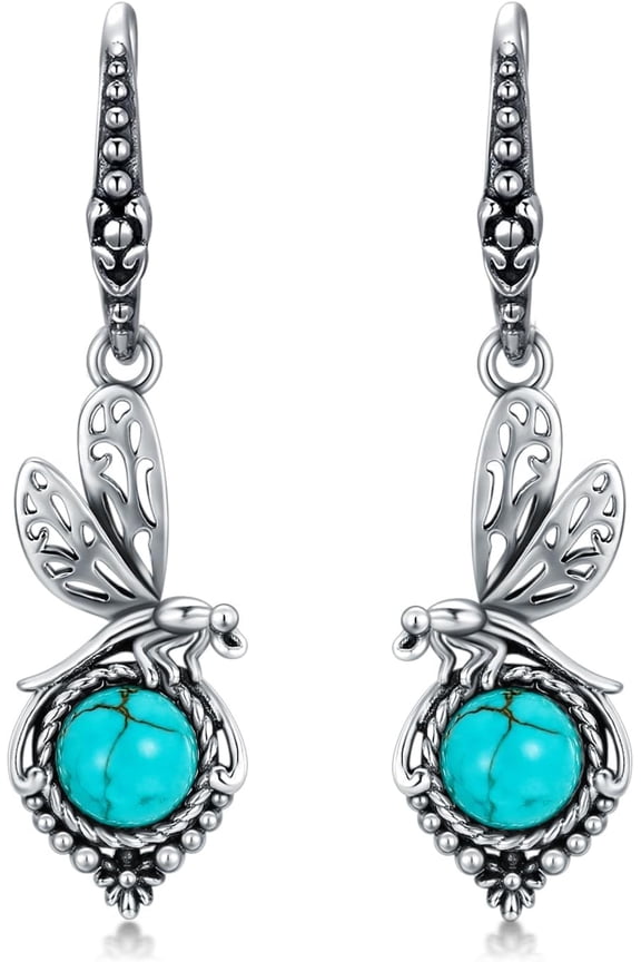 Genuine Turquoise with Butterfly/Dragonfly/Hummingbird Hook Earrings 925 Sterling Silver Western Style 6 mm Round Green Turquoise Hook Dangle Earrings for Women Gifts