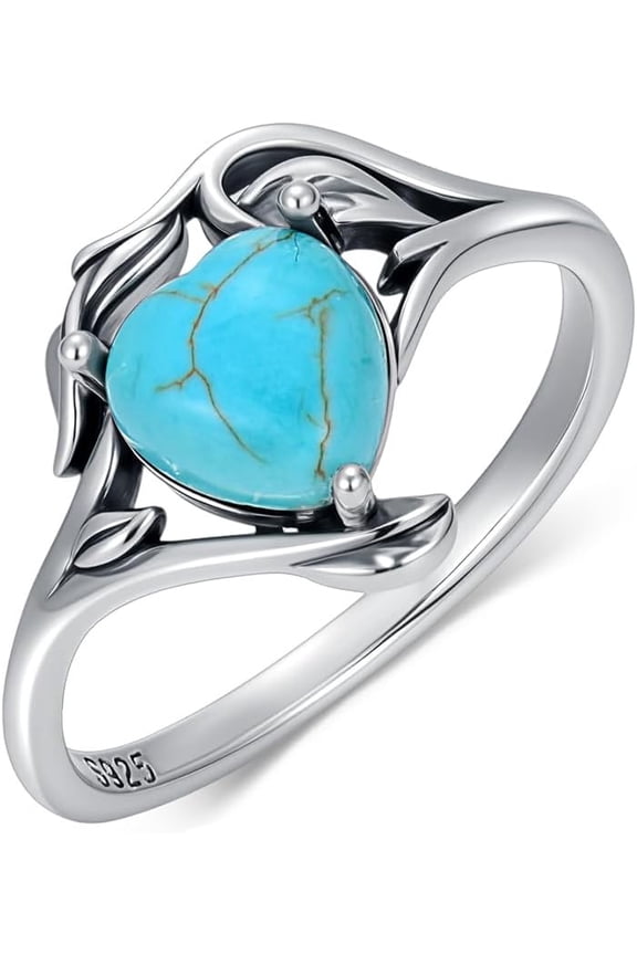 Genuine Turquoise Rings 925 Sterling Silver Heart Shape Natural Gemstone Leaf Ring Western Jewelry Gifts for Women