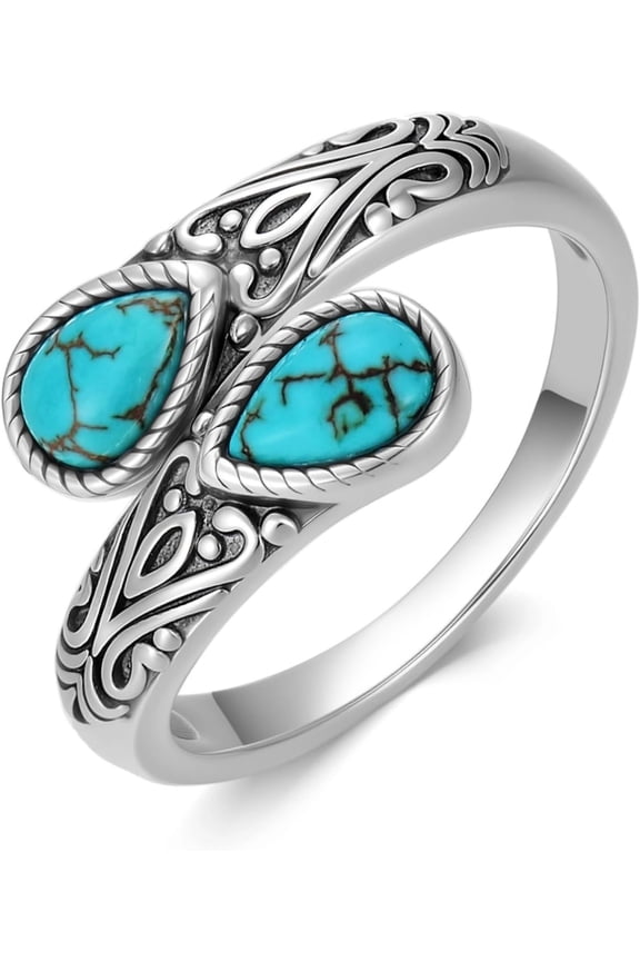 Genuine Turquoise Rings for Women 925 Sterling Silver Adjustable Vintage Spoon Rings Western Boho Open Rings Natural Stone Jewelry Gifts