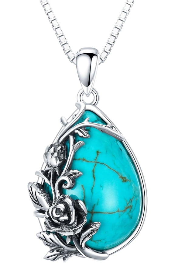Genuine Turquoise Teardrop Pendant Necklace with Rose, Sterling Silver Boho Native Western Jewelry Birthdays Gift for Women