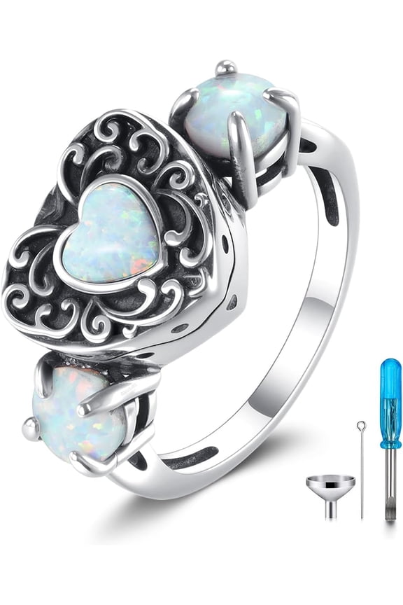 Heart Cremation Urn Ring for Ashes 925 Sterling Silver Created Opal Memorial Urn Rings Keepsake Jewelry with Filling Tool for Women Mother Grandma