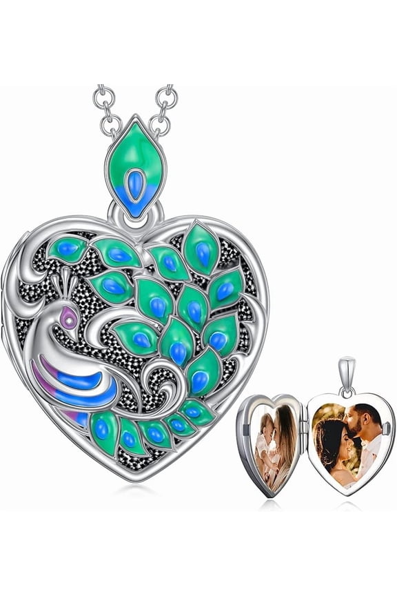 SOULMEET Heart Shaped Epoxy Resin Butterfly/Peacock/Hummingbird/Lotus/Rose Locket Necklace That Holds Pictures Photo Sterling Silver Personalized Locket Gift