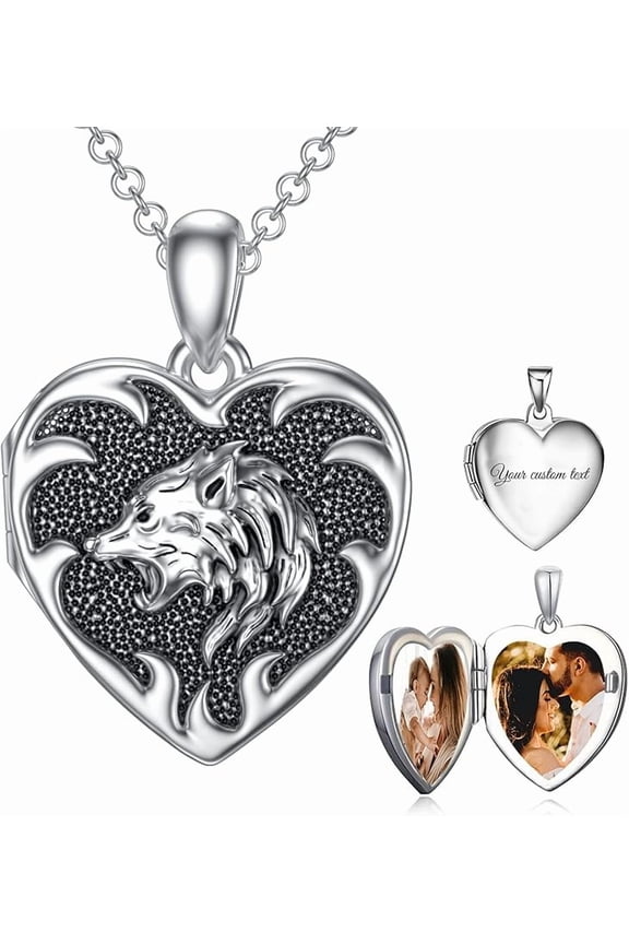 SOULMEET Heart Wolf Locket Necklace That Holds 2 Pictures Personalized Photo Locket for Men Sterling Silver on Father Son Birthday