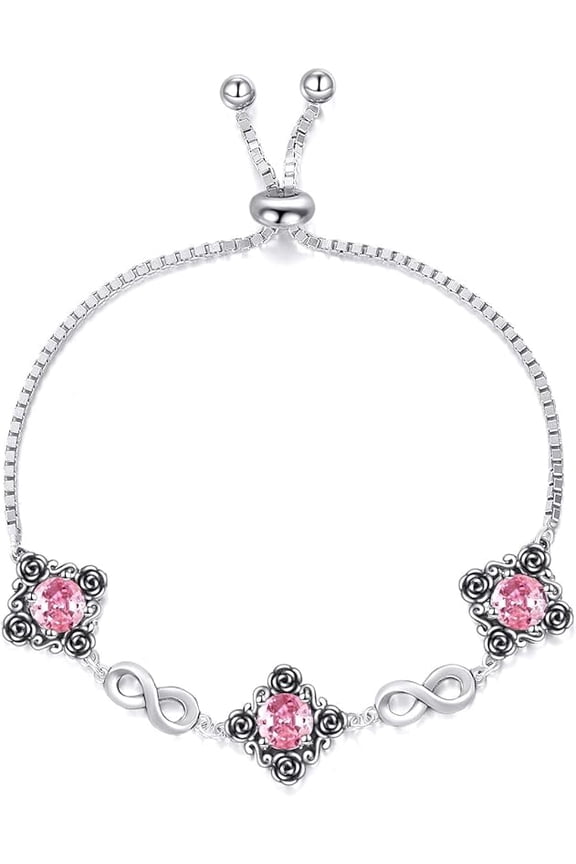 Infinity Retro Birthstone Bracelet 925 Sterling Silver Oxidized Rose Filigree Gemstone Bracelet with 6.5+2 Inch Box Chain for Women