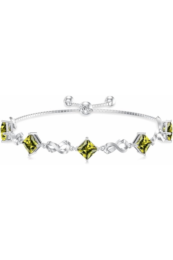 Infinity Square Cut Birthstone Adjustable Bracelet 925 Sterling Silver Square Gemstone Tennis Bracelet with Box Chain for Women Gifts