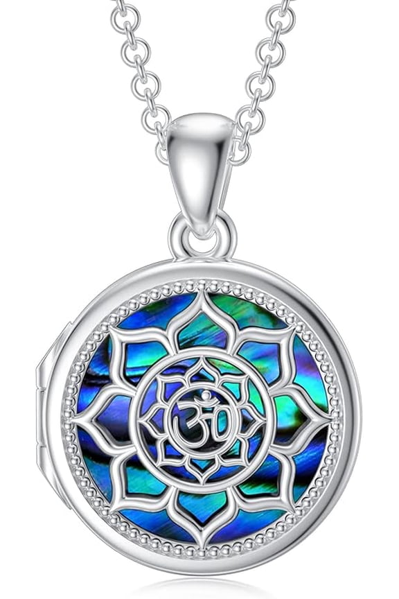 SOULMEET Inspirational Flower Om Ohm Aum Lotus Locket Necklace That Holds Picture Photo New Beginning Sterling Silver Abalone Shell Locket Necklace Prayer Gift