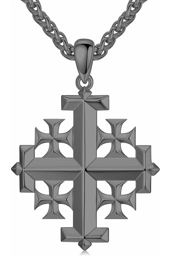 Jerusalem Cross Necklace 925 Sterling Silver Christian Jewelry for Men, w/Stainless Steel Chain 22 + 2 Inch